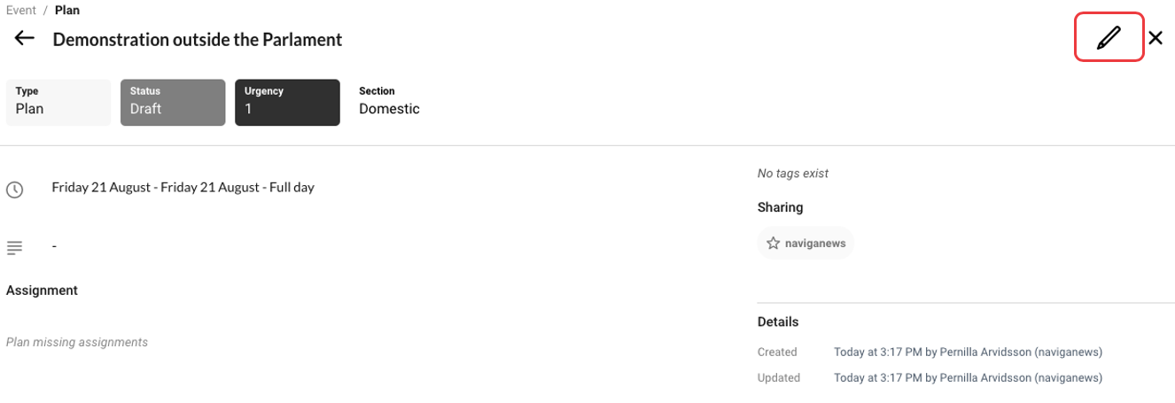 The icon to the right opens the Planning Card for editing.