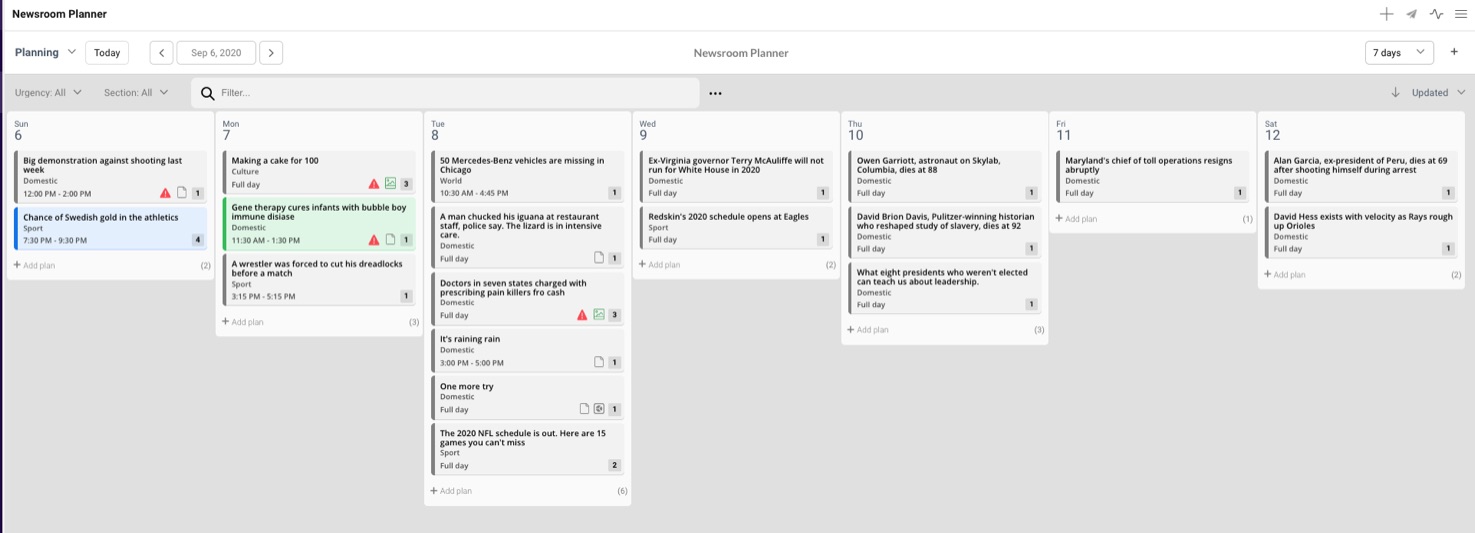 Overview over 7 days Planning Card.
